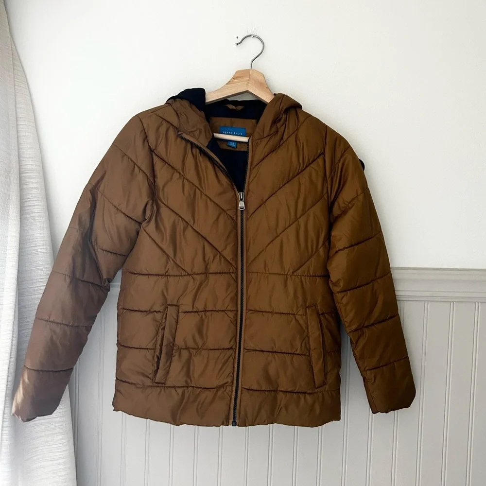 Perry Ellis Boys Size 14/16 Tan Brown Quilted Winter Jacket Coat